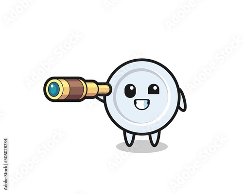 cute plate character is holding an old telescope