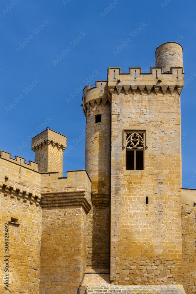 view of the Palacio Real de Olite castle in the old city center of Olite