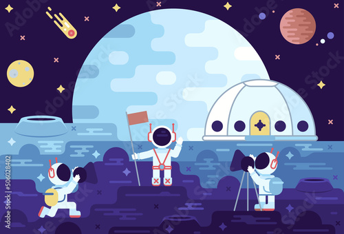 Astronauts making film about the space station. Space tourism or the exploration of the moon. 