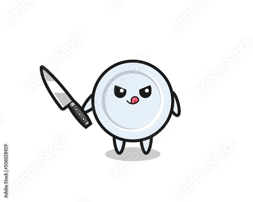 cute plate mascot as a psychopath holding a knife