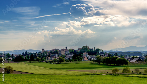 view of the picturesque and historic town of Avenches in western Switzerland