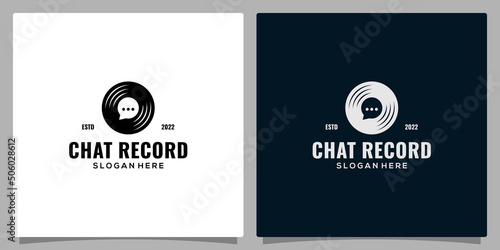 Music logo template. chat bubble and vinyl record vector design. Turntable illustration. Premium vector