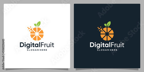 Logo design template orange digital. Logo orange fruit with digital pixel. Premium vector