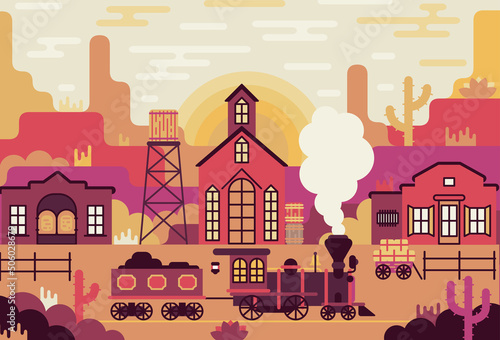 The train arrived at the station - village in the wild west. Vector illustration
