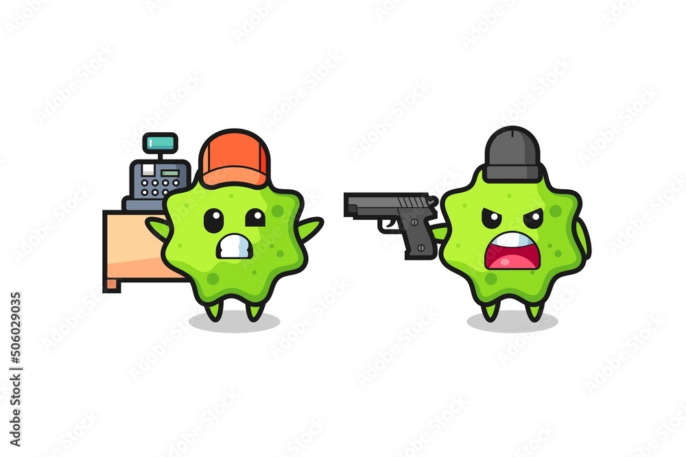 Fototapeta premium illustration of the cute splat as a cashier is pointed a gun by a robber