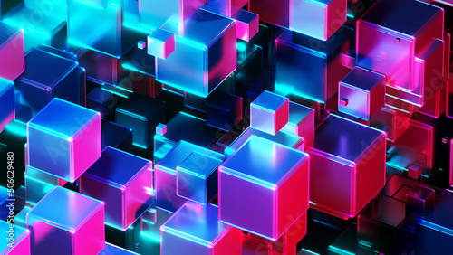 Abstract background 3D, many cubes with neon purple blue glow on black interesting science technology background, 3D render illustration. photo