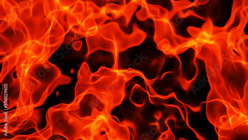 Fotografiet Fire flames texture background, realistic abstract orange flames pattern isolated on black, 3D glowing fiery render illustration