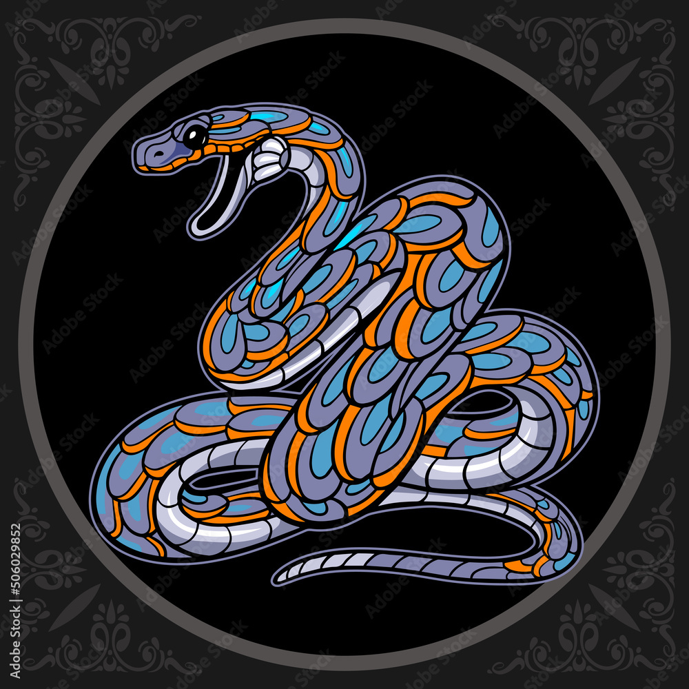 Obraz premium Colorful black mamba snake zentangle arts. isolated on black background.