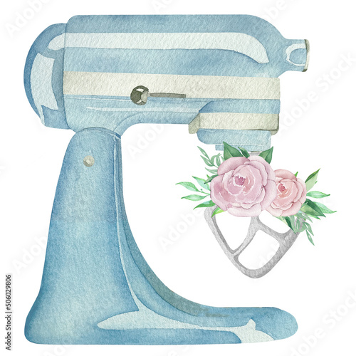 Watercolor blue pastry planetary mixer with flowers and greenery. Bakery illustration for invitation, pastry, menu, logos