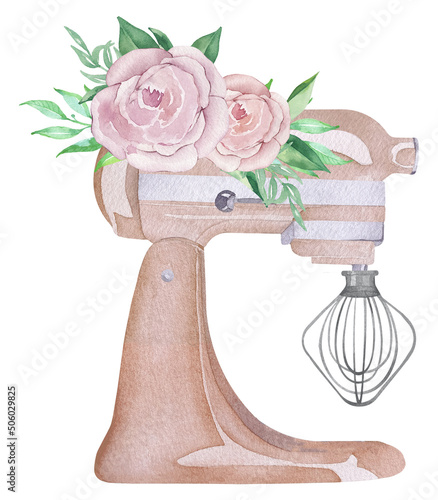 Watercolor red turquoise pastry planetary mixer with a whisk and with flowers and greenery. Bakery illustration for invitation, pastry, menu, logos