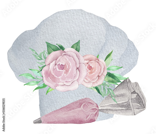 Watercolor white pastry confectioner hat with flowers and greenery. Bakery illustration for invitation, pastry, menu, logos