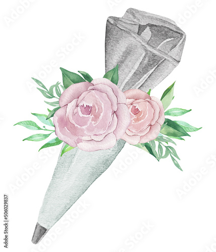 Watercolor icing bag and tip with mint white pastry cream and flowers with greenery. Bakery illustration for invitation, pastry, menu, logos