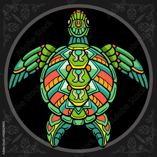 Colorful turtle zentangle arts. isolated on black background.