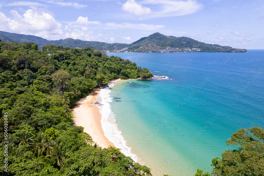 Seascape landscape nature view from Drone camera. Aerial view of seashore in phuket thailand. Beautiful sea in summer sunny day time