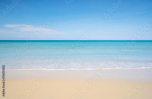 Tropical sandy beach with blue sky background summer sea in Phuket thailand