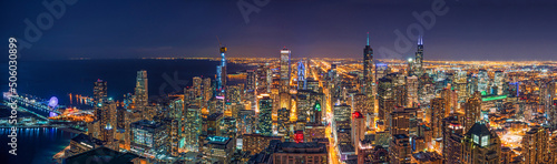 Panorama Top view of Chicago cityscape and skyscraper at the night time, USA downtown skyline, paranomic and aerial view, Architecture and building with tourist concept, © THANANIT