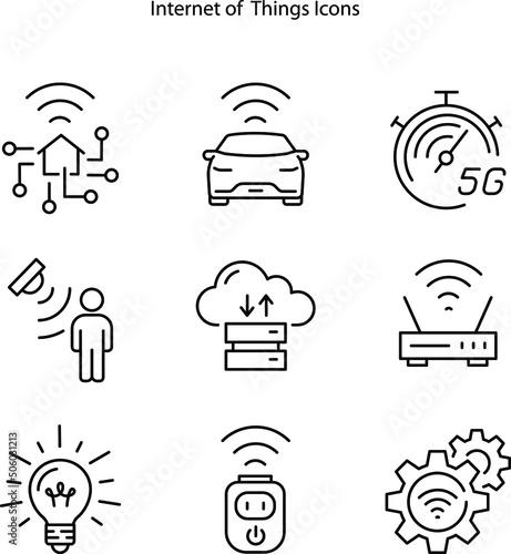 Internet of things icons, such as smart city, sensor, climat control, IoT, cloud service, data center and more.