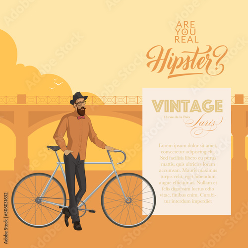 Bearded man standing beside the bike. Hipster character illustration