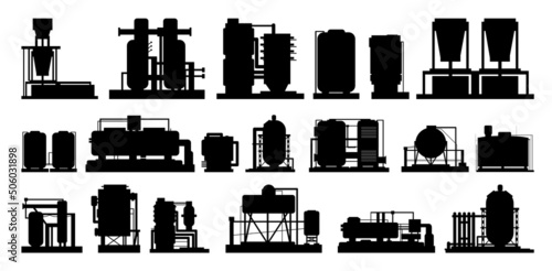 Set elements of Production plant. Silhouette of objects. Isolated on white background. Industrial technical equipment. Factory chemical. Modern technology enterprise. Vector