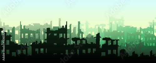 Bombed street. Ruined city. Creepy foggy horizon. Apocalypse natural or war. Sad landscape of destruction. Vector