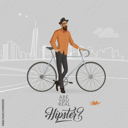 Bearded man standing beside the bike. Hipster character illustration