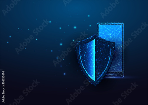 Futuristic mobile security concept with glowing low poly smartphone and protective shield on blue