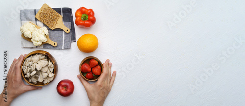 Healthy eating ingredients vegetables, fruits and superfood. Nutrition, diet, vegan food concept. Flat lay. White background. Copy space