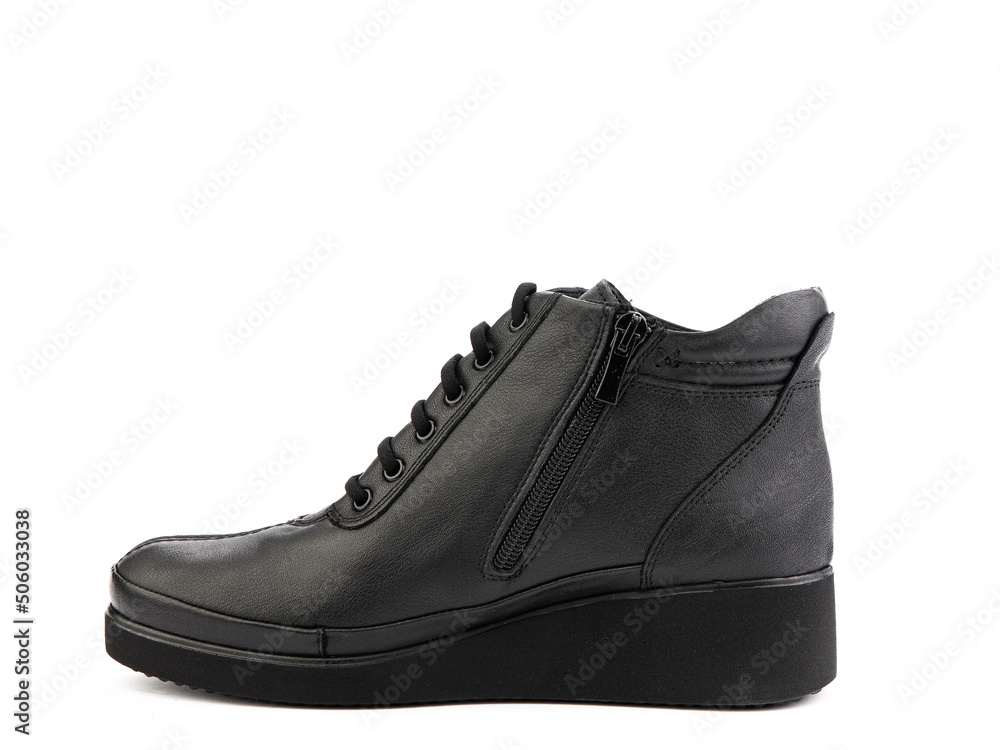 Men's autumn black leather jodhpur boots with laces isolated white background. Left side view. Fashion shoes. Photoshoot for shoe shop concept. Men's autumn black leather jodhpur boots with laces isolated white background. Left side view. Fashion shoes. Photoshoot for shoe shop concept.