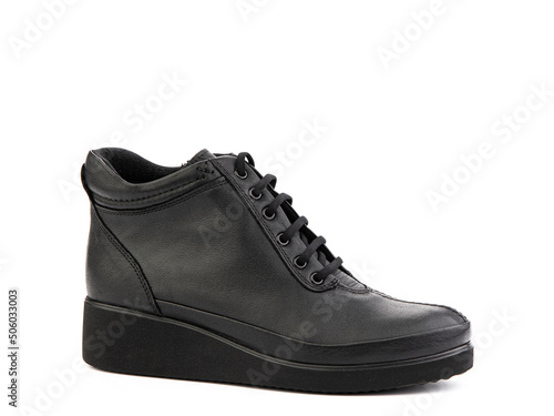 Men's autumn black leather jodhpur boots with laces isolated white background. Right side view. Fashion shoes. Photoshoot for shoe shop concept.