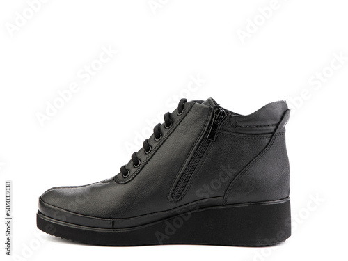 Men's autumn black leather jodhpur boots with laces isolated white background. Left side view. Fashion shoes. Photoshoot for shoe shop concept.