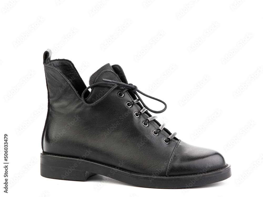 Women's autumn black leather jodhpur boots with black sole isolated on white background. right side view. Fashion shoes. Photoshoot for shoe shop Women's autumn black leather jodhpur boots with black sole isolated on white background. right side view. Fashion shoes. Photoshoot for shoe shop