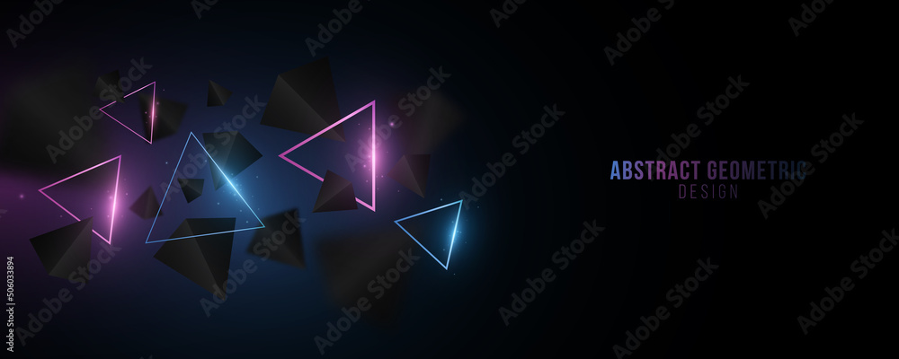 Abstract geometric design. Blue and purple glowing triangles in the dark. Template design. Futuristic modern cover. 3D Polygonal shapes with sparks. Vector illustration