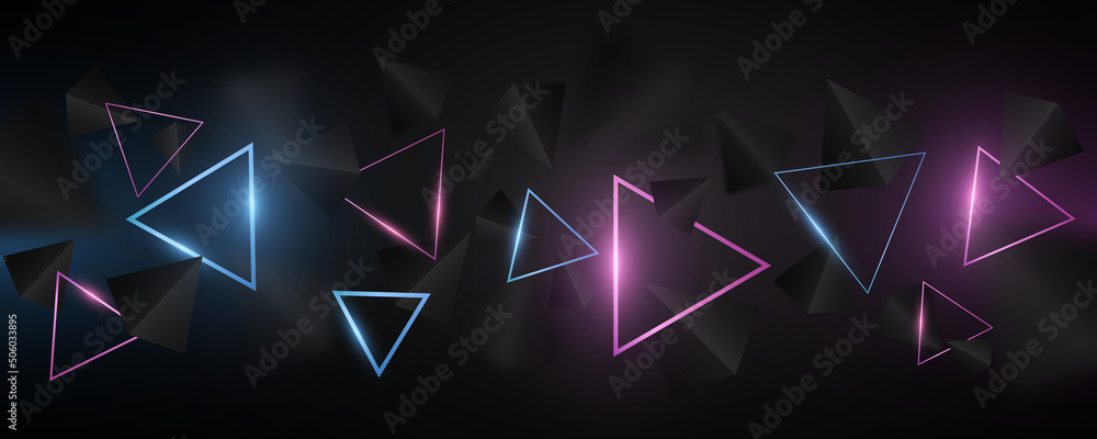 Futuristic geometric background. Blue and purple glowing triangles in the dark. Template design. Abstract modern cover. 3D Polygonal shapes. Vector illustration