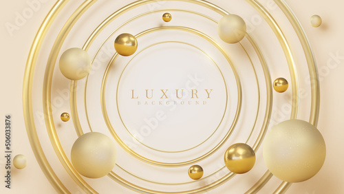 Luxury background with gold circle frame element and 3d ball decoration and glitter light effect.