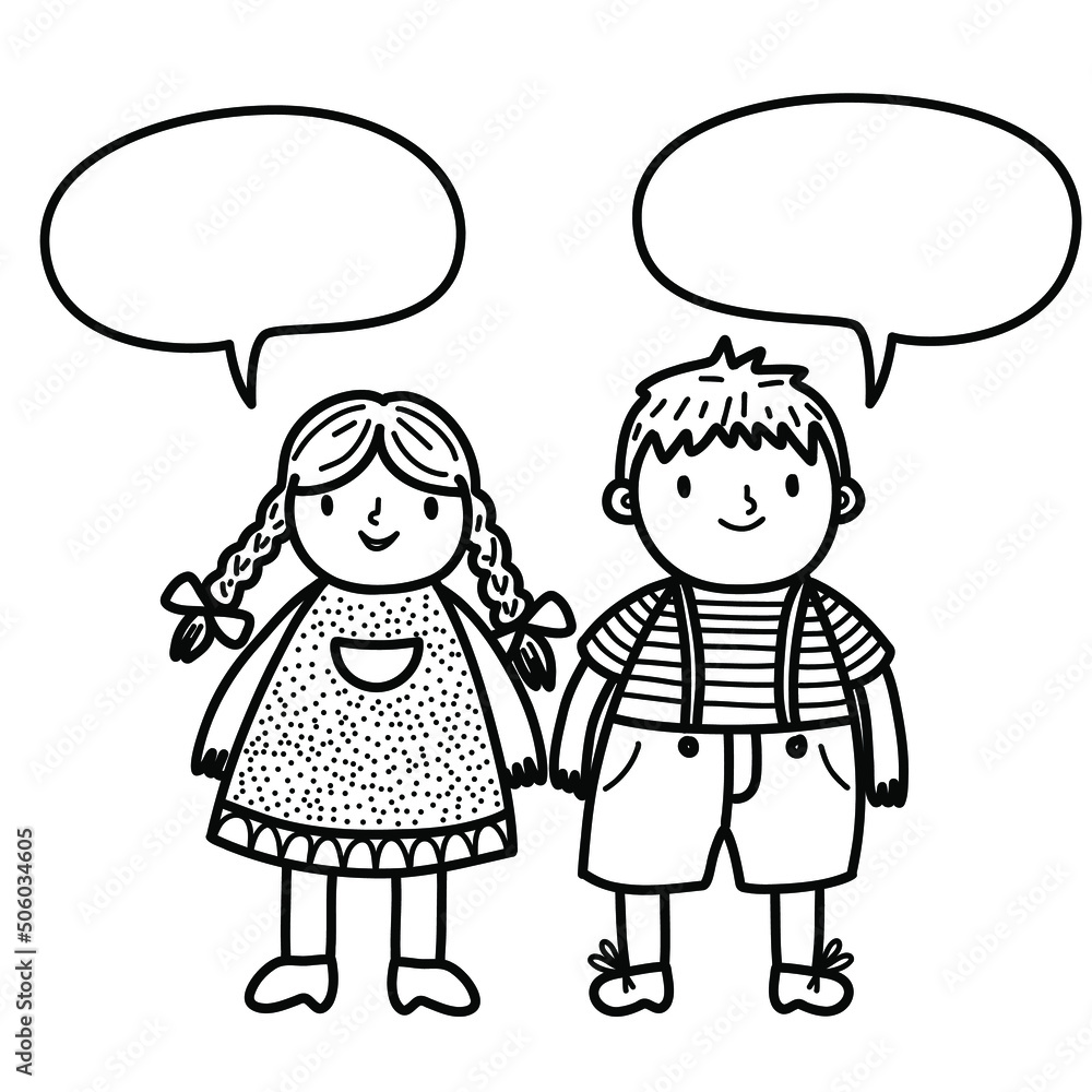 Children, boy and girl with speech bubble. Kid doodle sketch coloring book. Vector illustration doodle template. Children, boy and girl with speech bubble. Kid doodle sketch coloring book. Vector illustration doodle template.