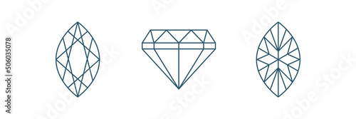 Marquise brilliant cut Line icon set. Back side  and Front view. Diamond geometric scheme. Vector 