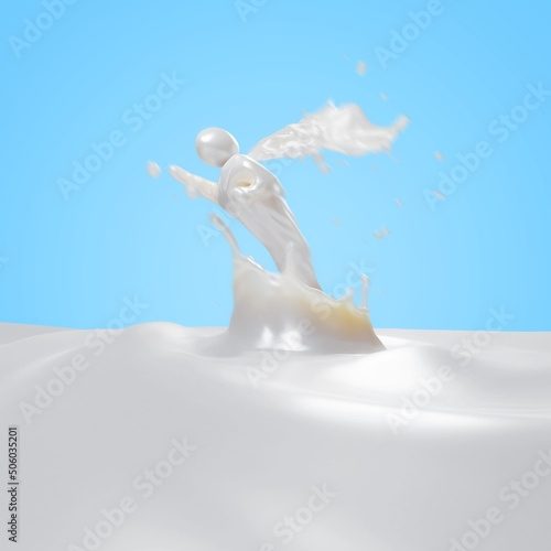 3D Rendering of an abstract Super Milk Character Flies out of a Milk Splash