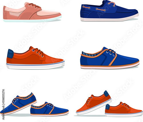 Footwear Set Vector. Fashionable Shoes. Boots. For Man And Woman. Web Icon. Flat Cartoon Isolated Illustration