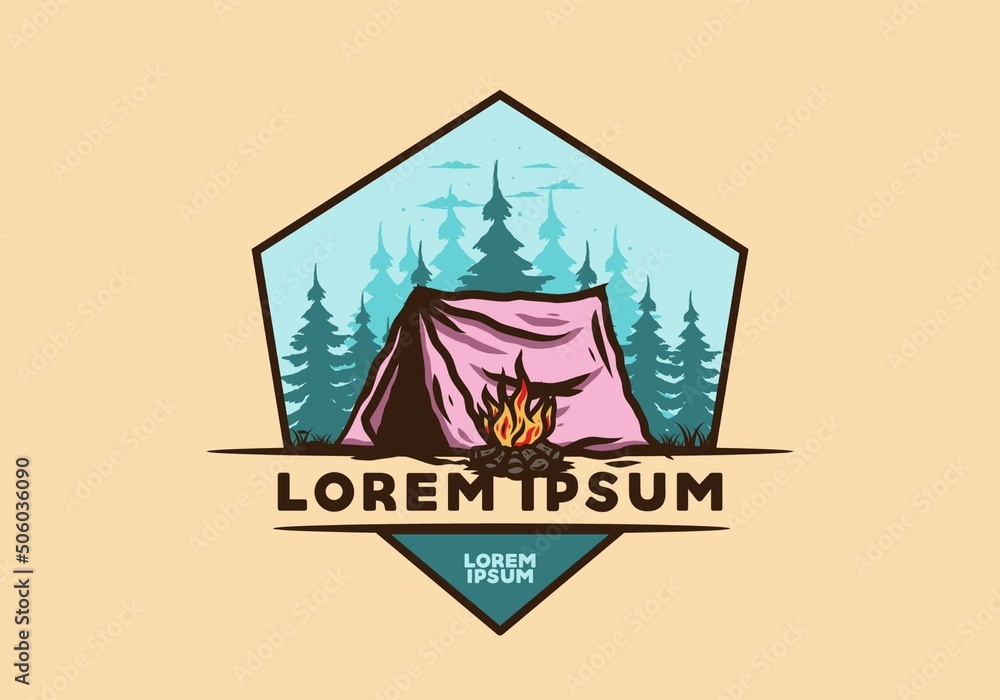 Forest camping with bonfire illustration badge Forest camping with bonfire illustration badge