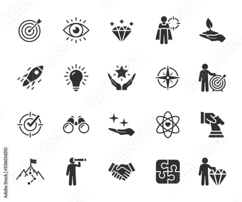Vector set of mission, vision and values flat icons. Business concepts. Pixel perfect.