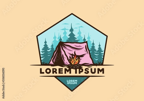 Forest camping with bonfire illustration badge