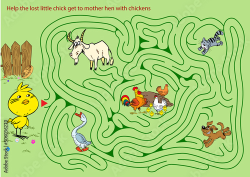 Fototapeta Naklejka Na Ścianę i Meble -  Puzzle maze where you need to help the chick get around the obstacles and get to the mother hen