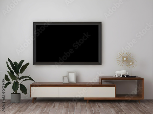 Tv interior room mockup with blank tv, minimalism desk, plant, and objects. 3d Rendering. 3d interior