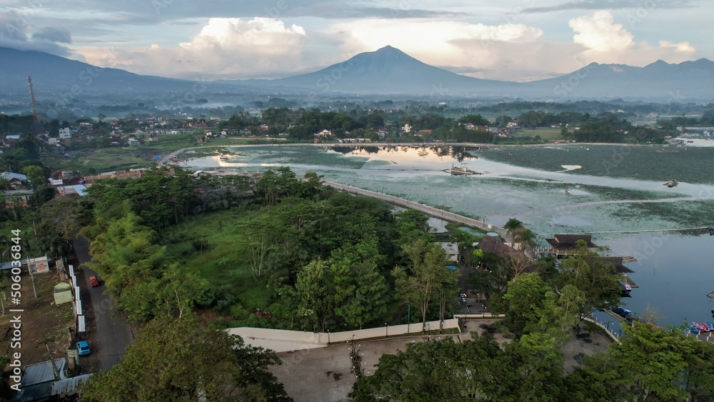 Aerial view of Situ Bagendit is a famous tourist spot in Garut with mountain view. 