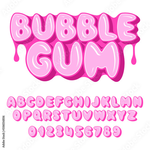 Bubble Gum font, alphabet. Letters and numbers. flat style