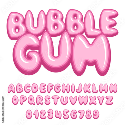 Bubble Gum font, alphabet. Letters and numbers. flat style