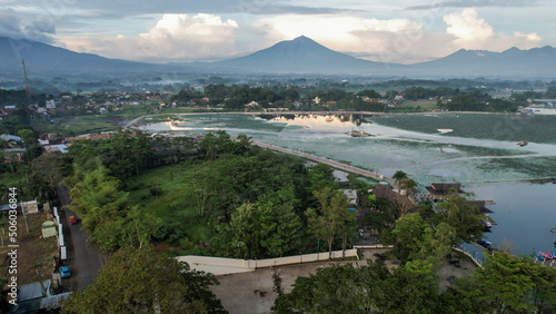 Aerial view of Situ Bagendit is a famous tourist spot in Garut with mountain view. 