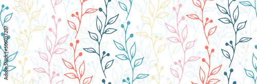 Berry bush sprouts natural vector seamless ornament. Romantic herbal graphic design. Garden plants foliage and blossom illustration. Berry bush sprigs flat seamless ornament