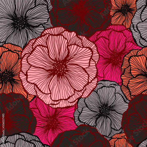 Poppy flower doodle  floral vector seamless pattern summer  fabric print desi...