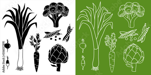 Collection de pictogrammes noirs ou aux contours blancs de divers légumes : radis, poireau, carotte, petits pois, brocolis, artichaut.